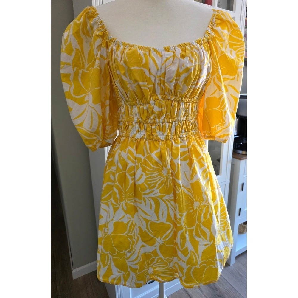 Anthropologie‎ x Faithfull Dress Women 8 Yellow Puff Sleeve Square Neck Mini NWT